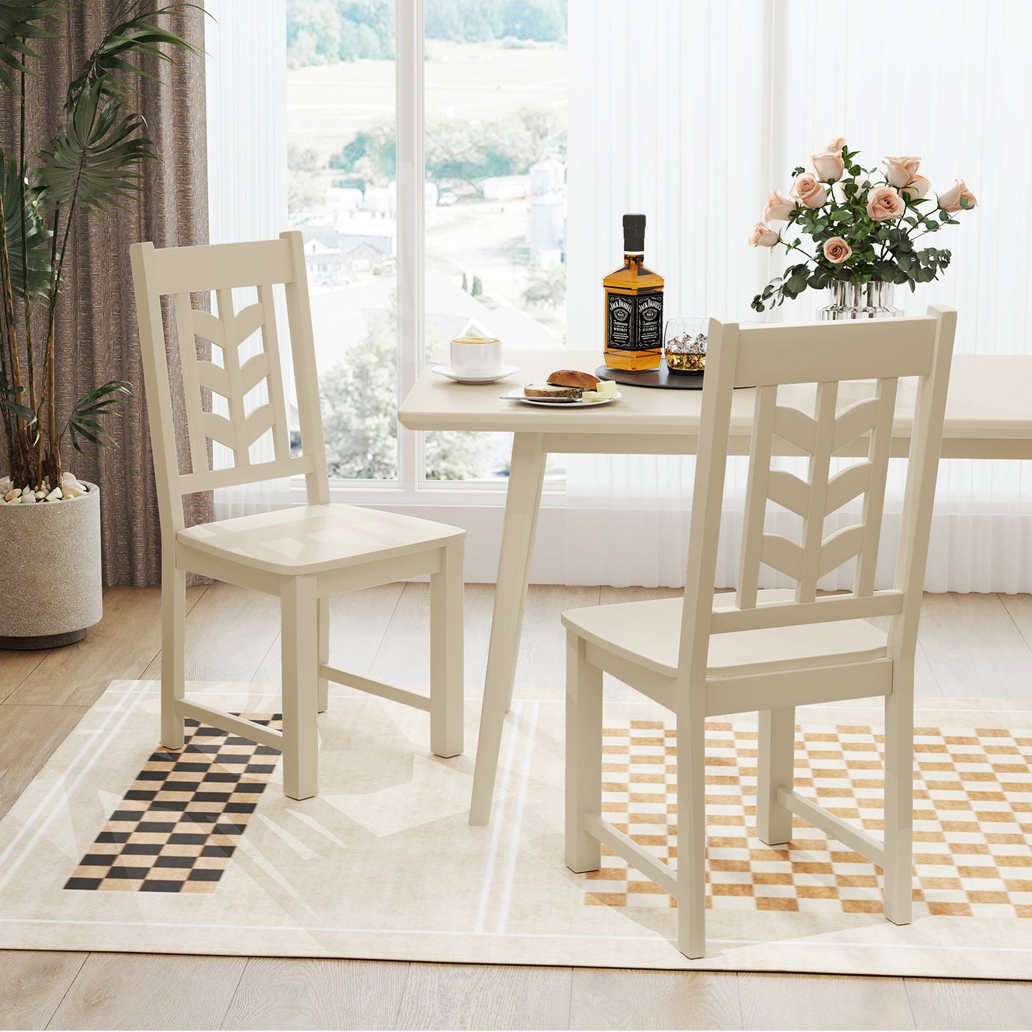 Wooden Dining Chairs Set of 2 with High Back and Leaf Design