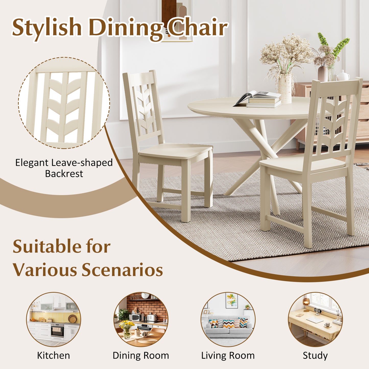 Wooden Dining Chairs Set of 2 with High Back and Leaf Design
