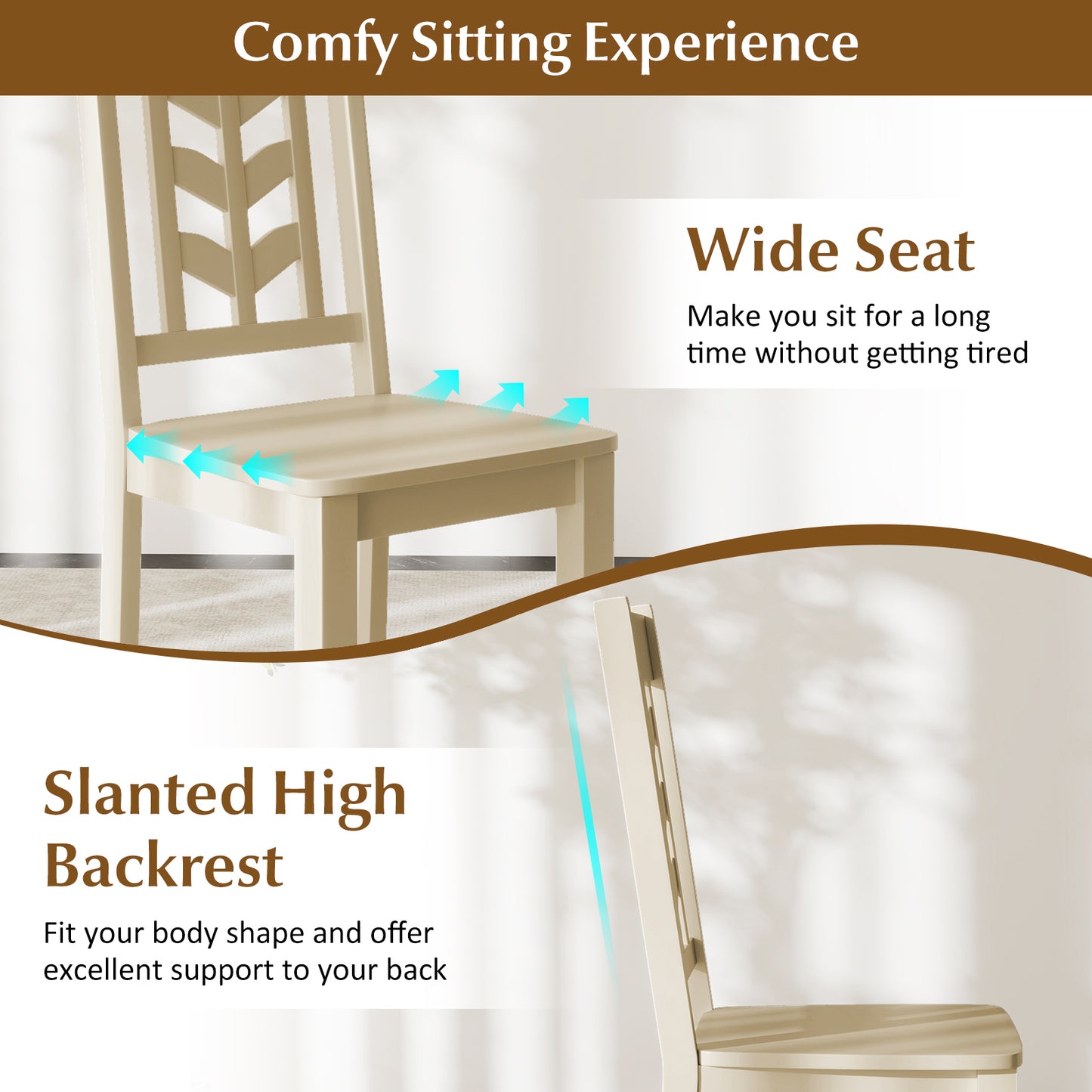 Wooden Dining Chairs Set of 2 with High Back and Leaf Design