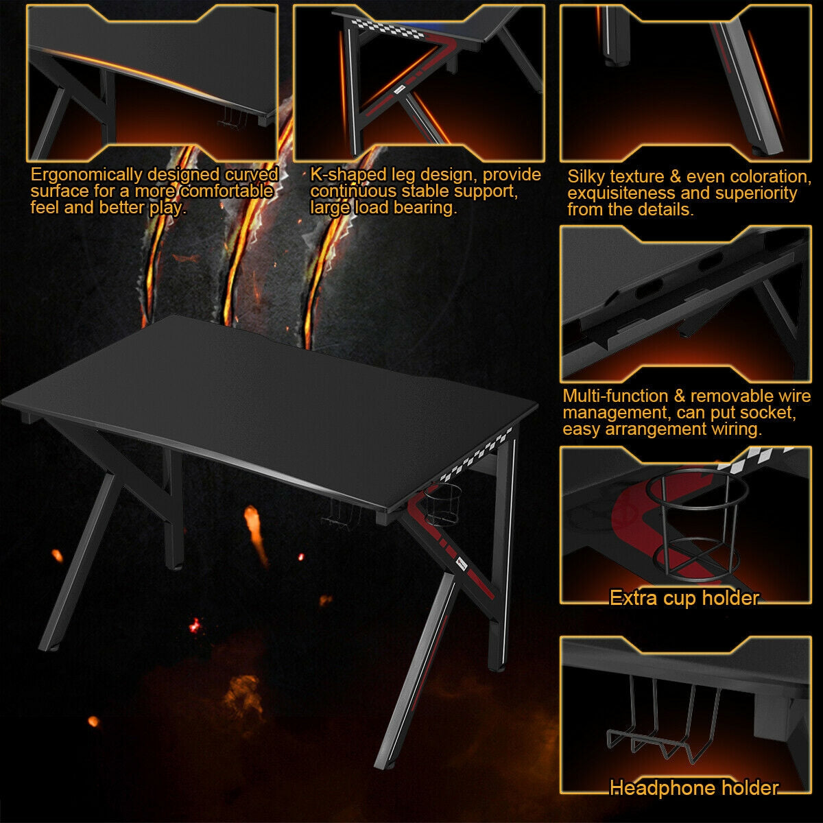 K-Shaped Gaming Desk with Cup Holder Headphone