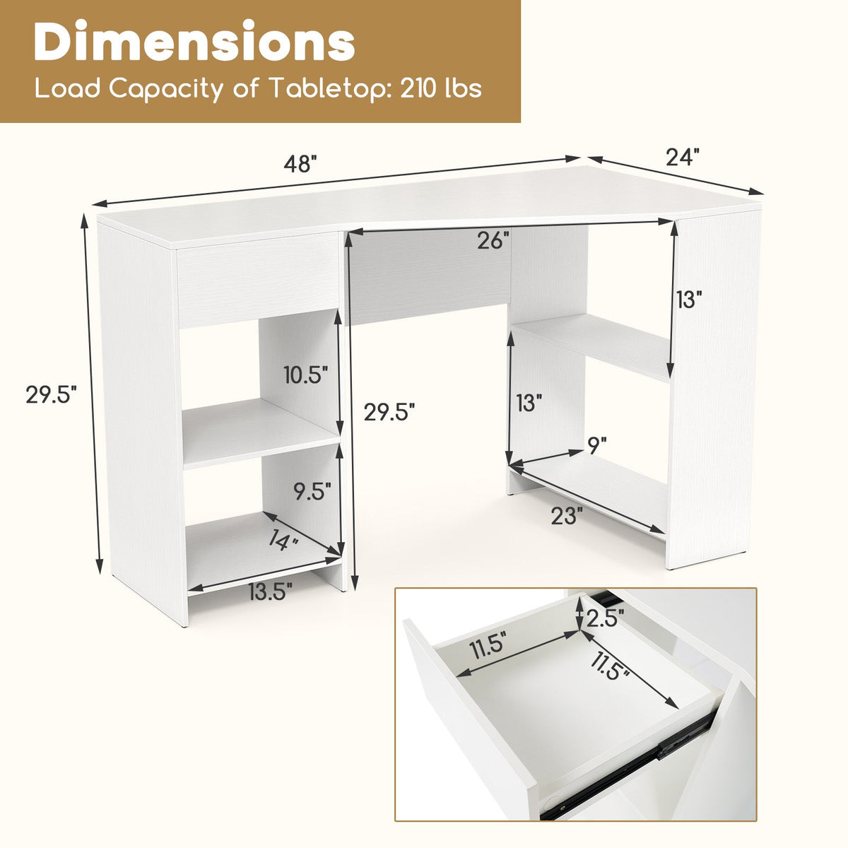 48 Inches L Shaped Corner Executive Computer Desk with Drawer-White