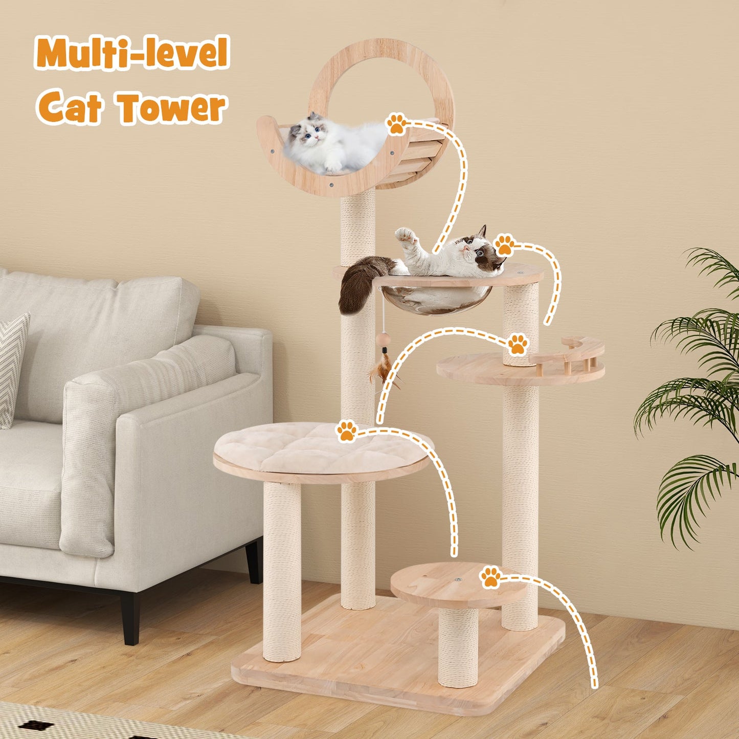 4-in-1 Large Wooden Cat Tower with Space Capsule Nest for Indoor Cats