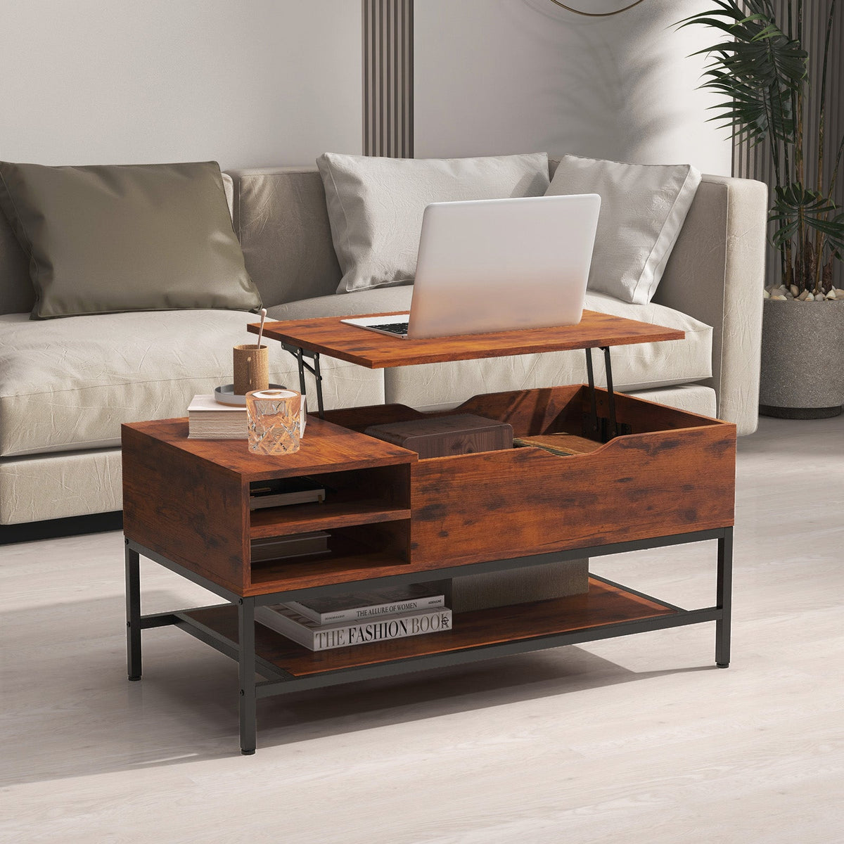Lift Top Coffee Table with Hidden Compartment and Removable Storage Shelf-Rustic Brown