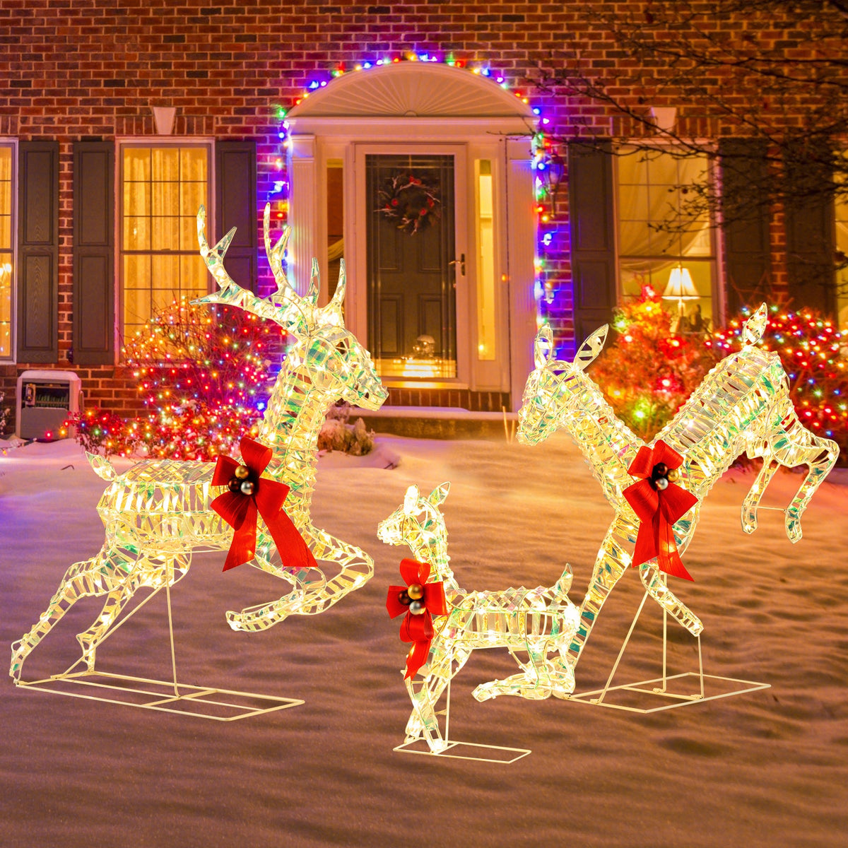 3-Piece Lighted Christmas Reindeer Family with LED Lights and Bows