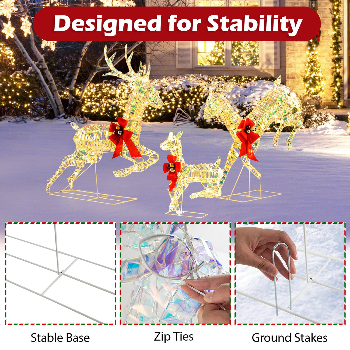 3-Piece Lighted Christmas Reindeer Family with LED Lights and Bows