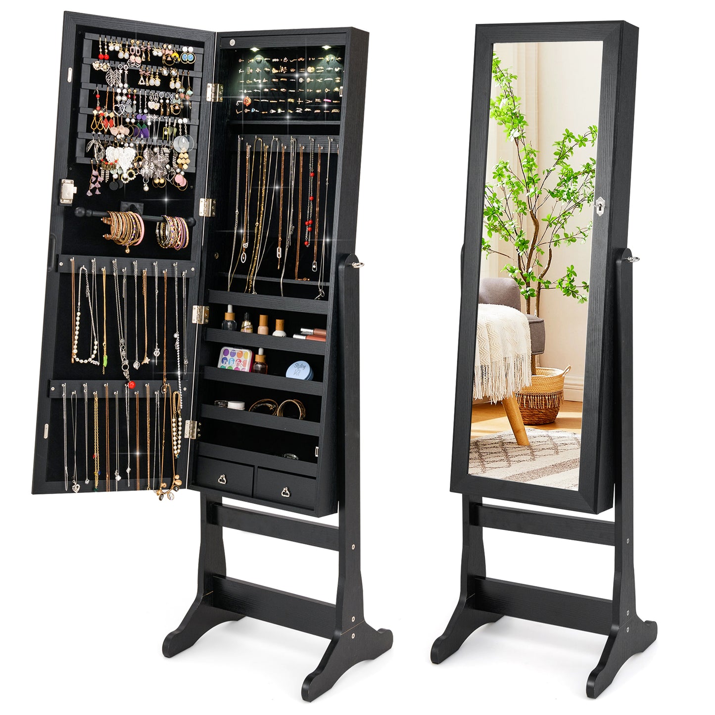 Jewelry Armoire with Full-Length Mirror and LED Lights