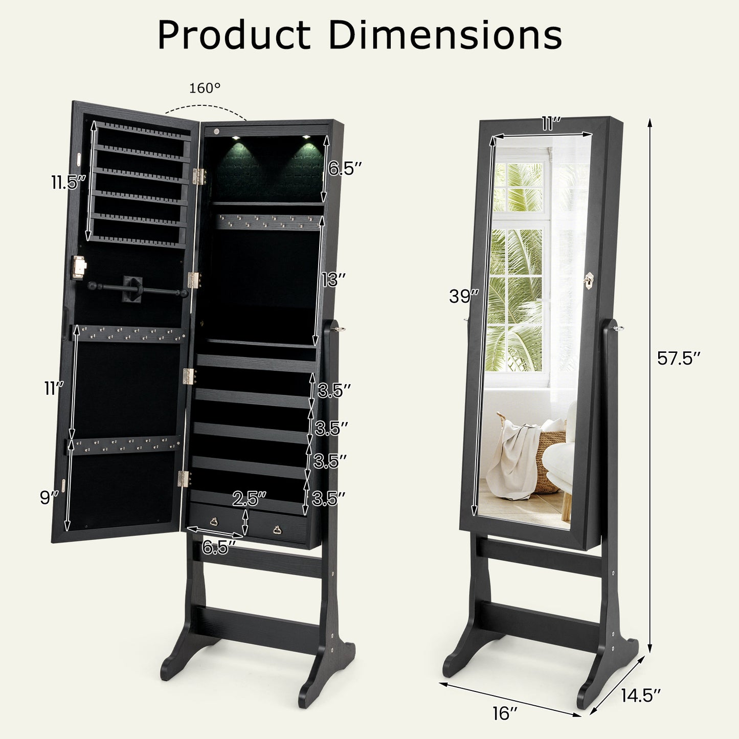 Jewelry Armoire with Full-Length Mirror and LED Lights