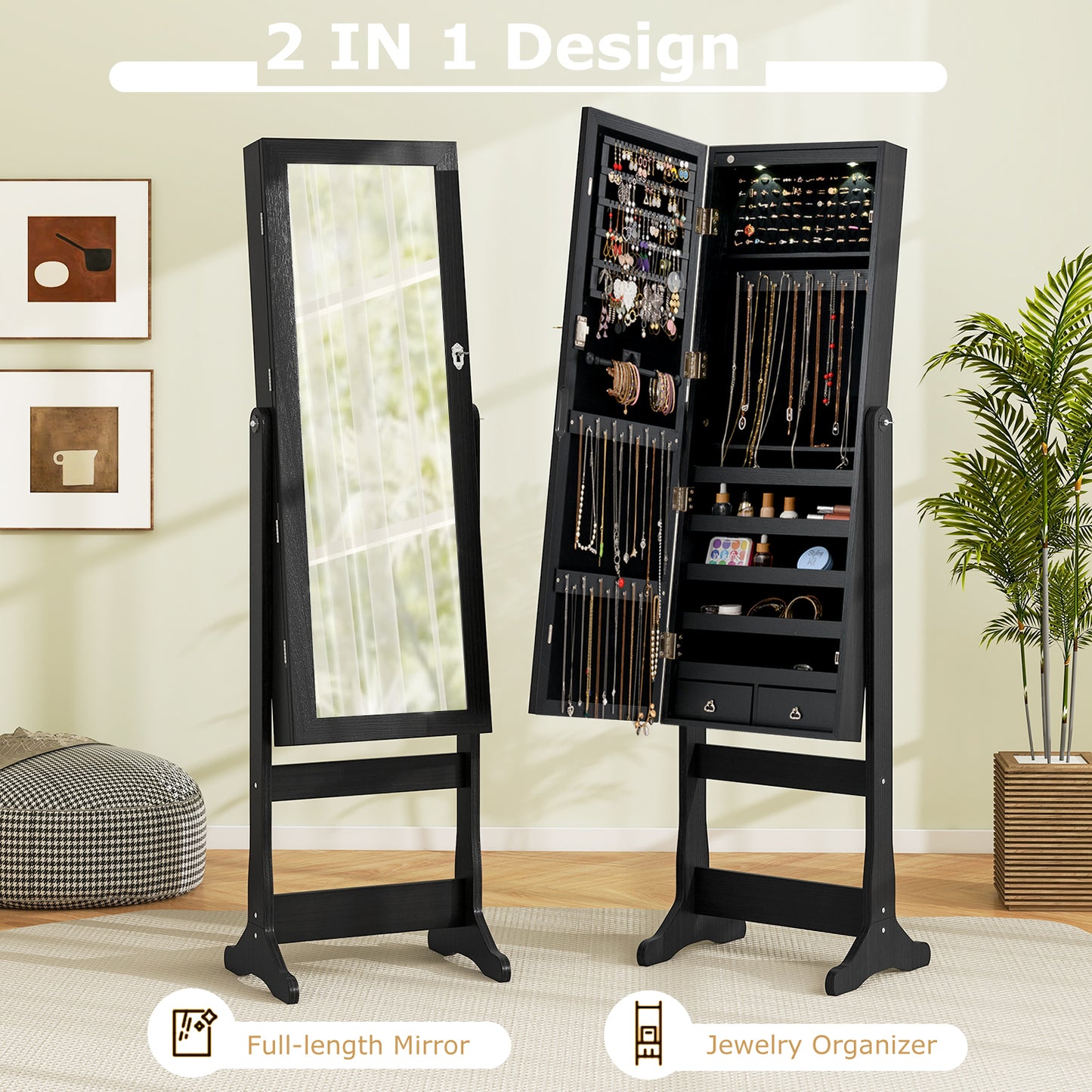 Jewelry Armoire with Full-Length Mirror and LED Lights