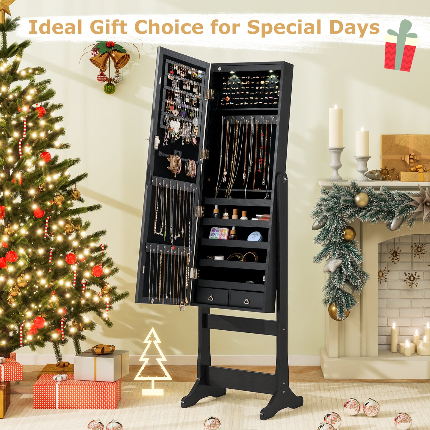Jewelry Armoire with Full-Length Mirror and LED Lights