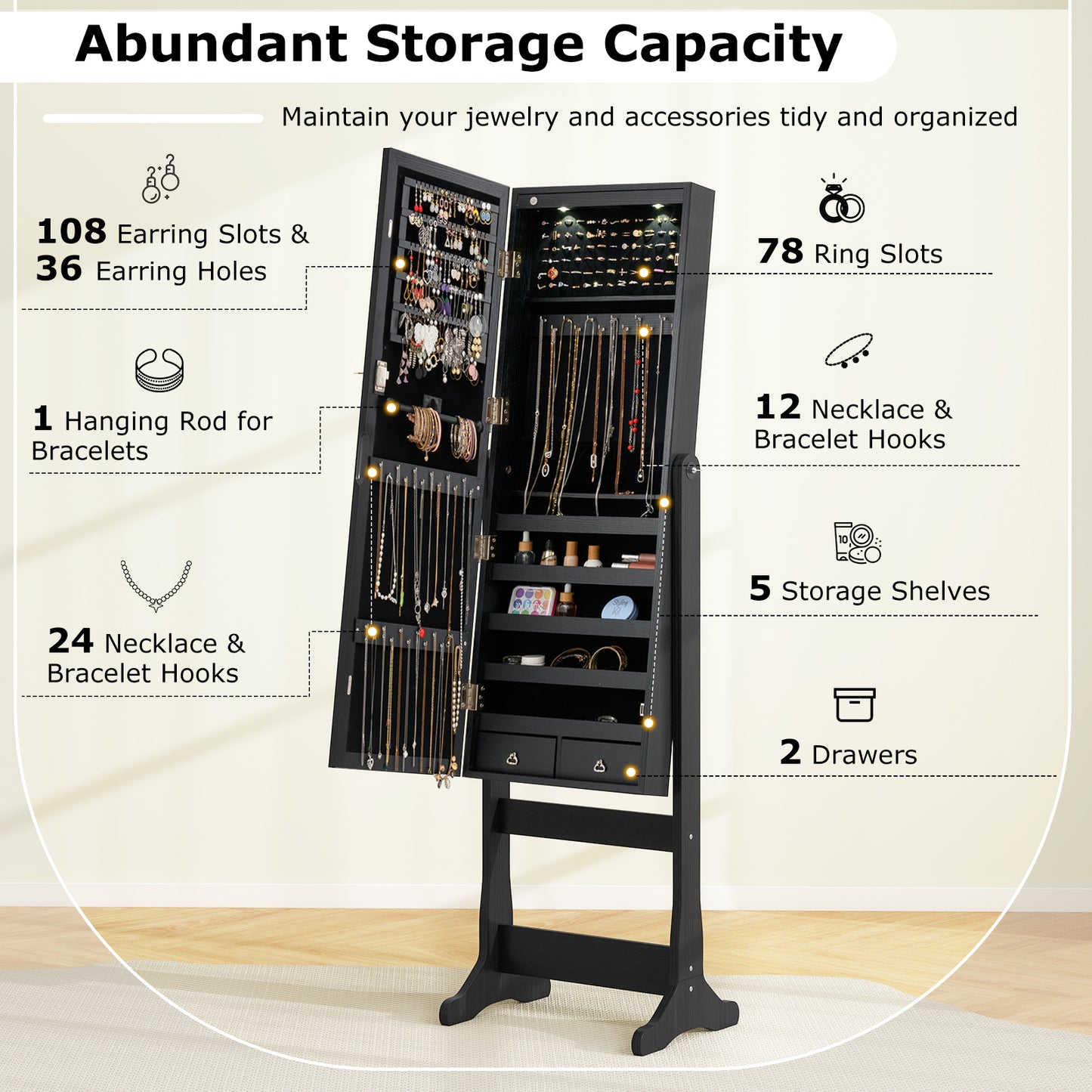 Jewelry Armoire with Full-Length Mirror and LED Lights