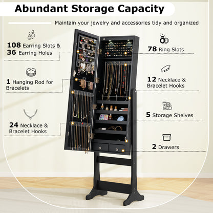 Jewelry Armoire with Full-Length Mirror and LED Lights