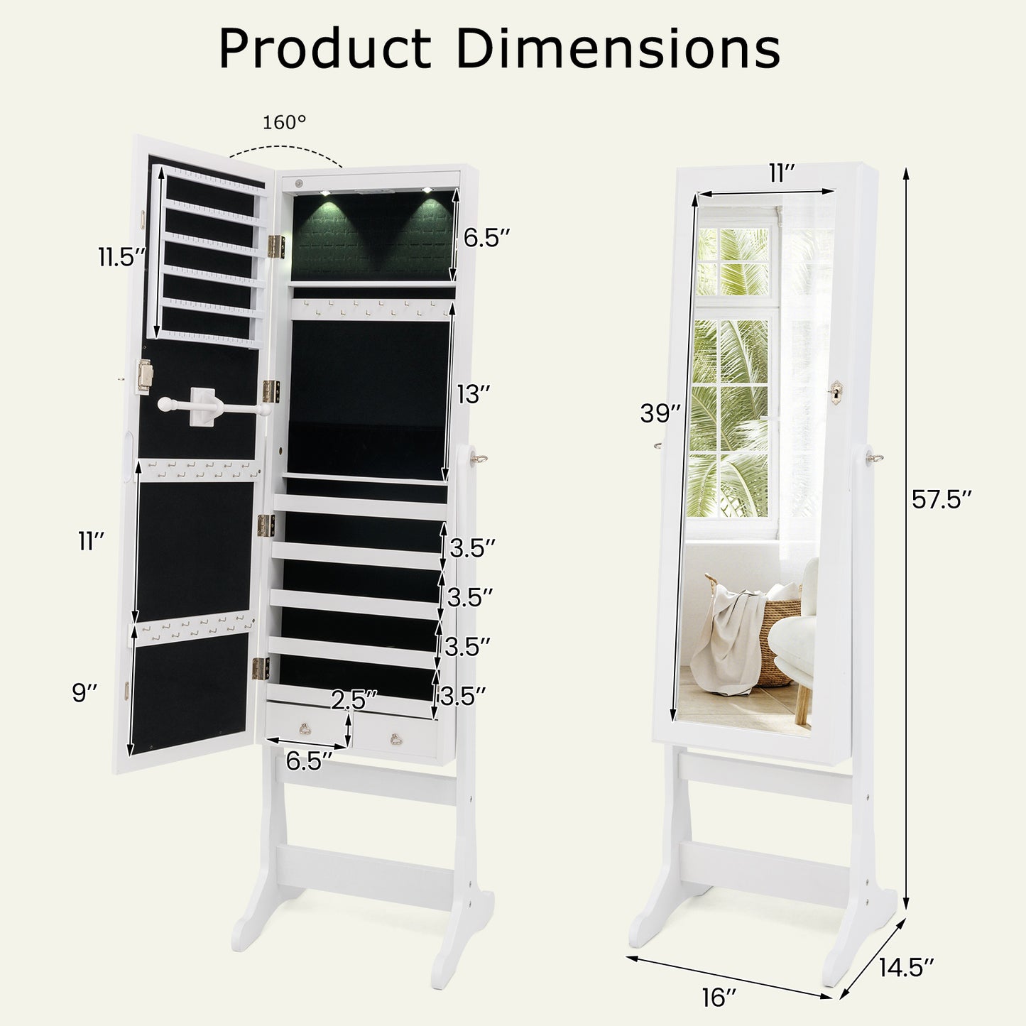 Jewelry Armoire with Full-Length Mirror and LED Lights