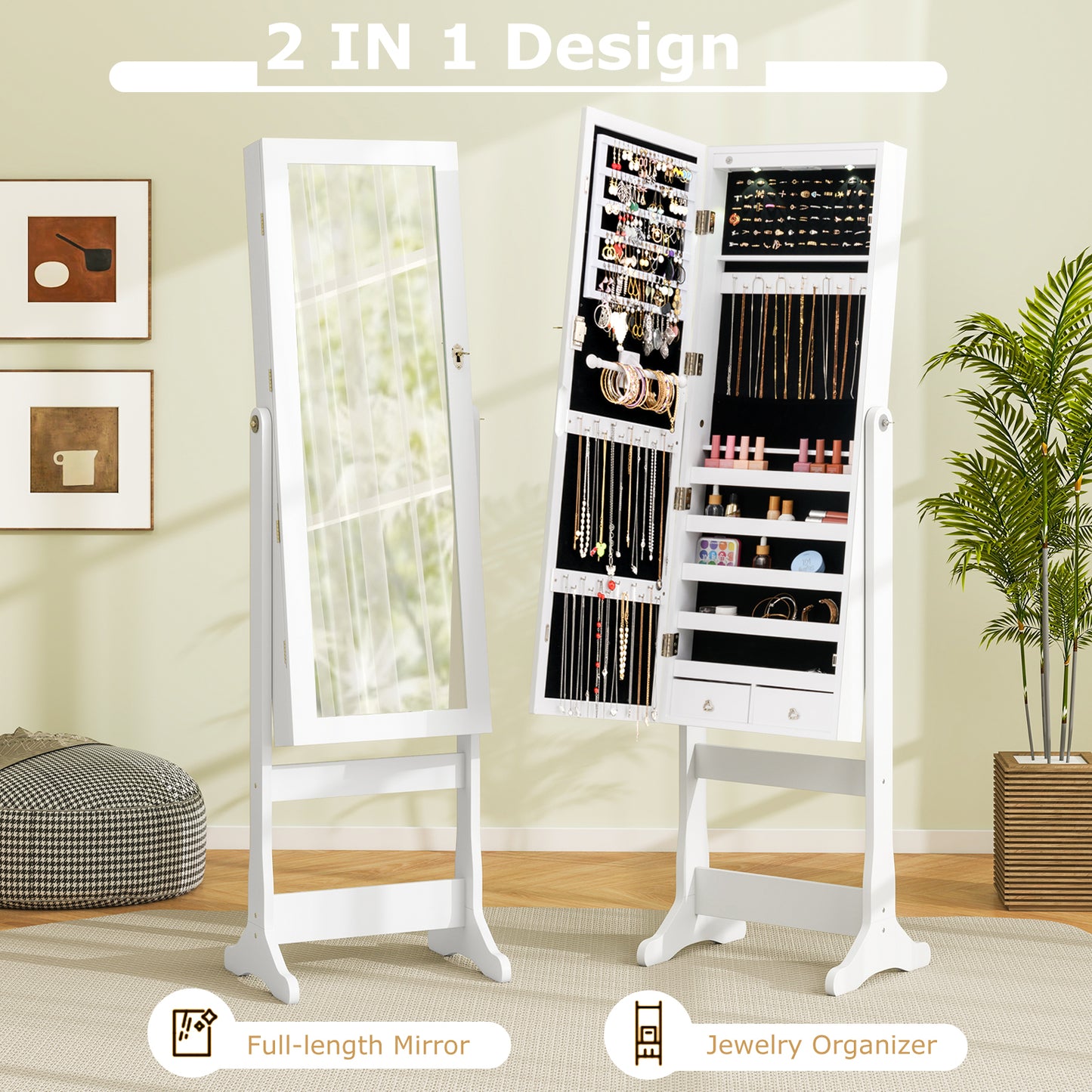 Jewelry Armoire with Full-Length Mirror and LED Lights
