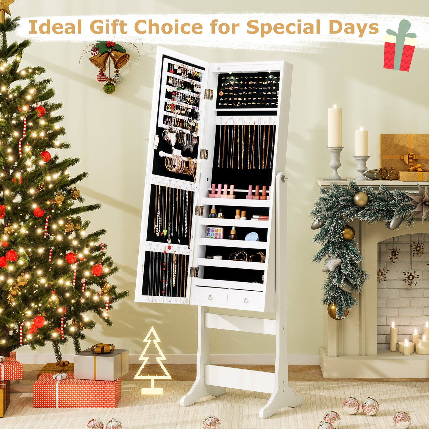 Jewelry Armoire with Full-Length Mirror and LED Lights