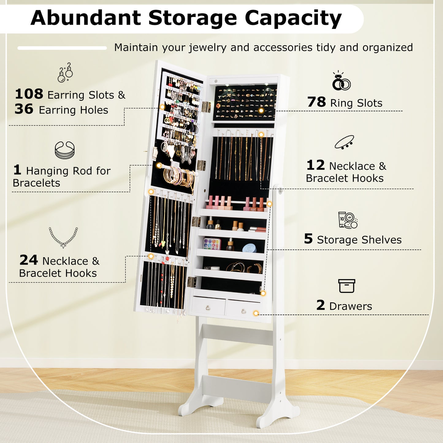 Jewelry Armoire with Full-Length Mirror and LED Lights