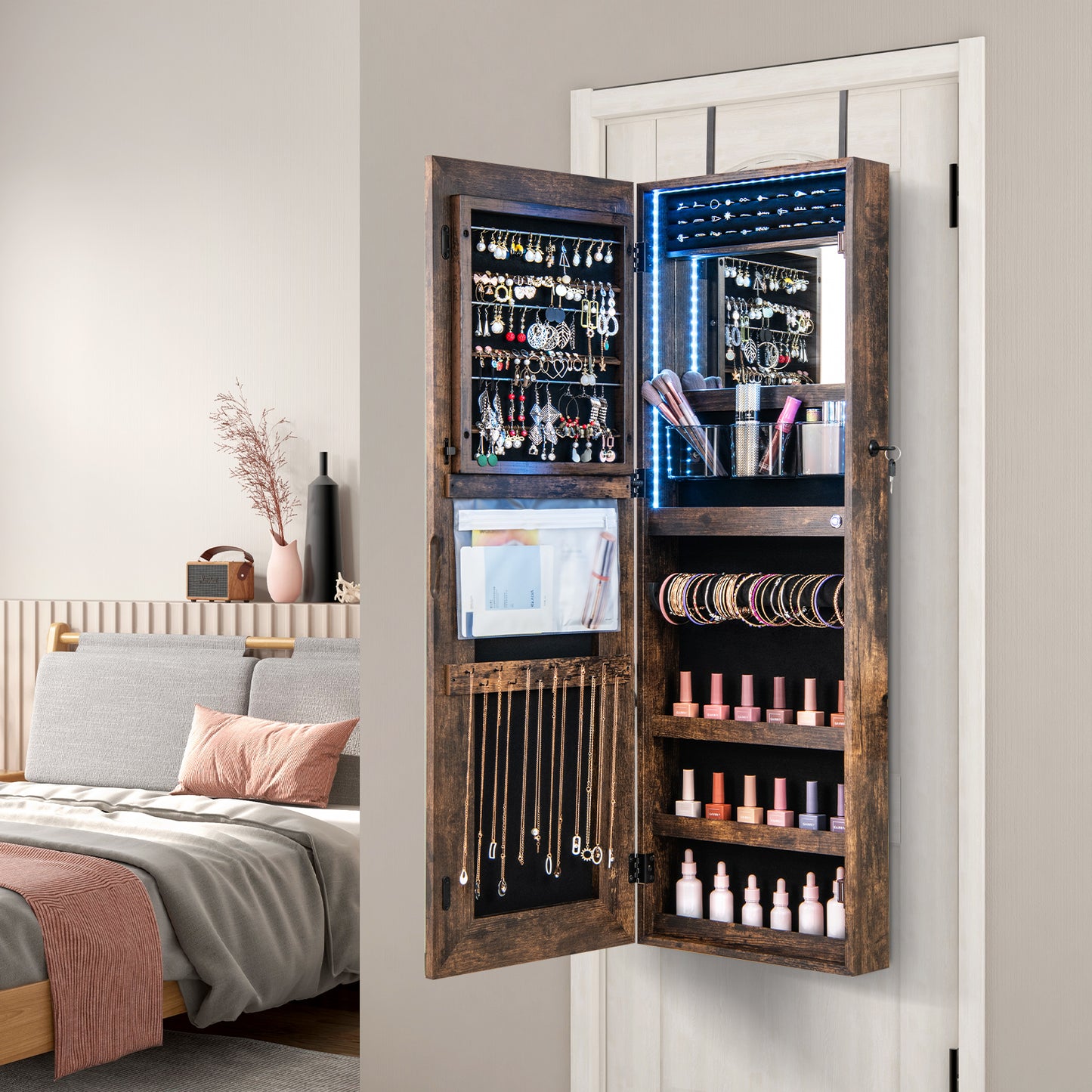Lockable Jewelry Armoire Mirror Cabinet with 3-Color LED Lights