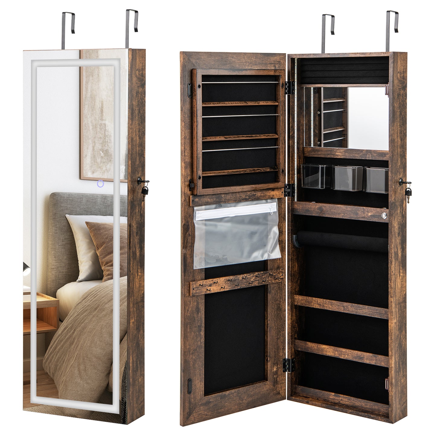 Lockable Jewelry Armoire Mirror Cabinet with 3-Color LED Lights