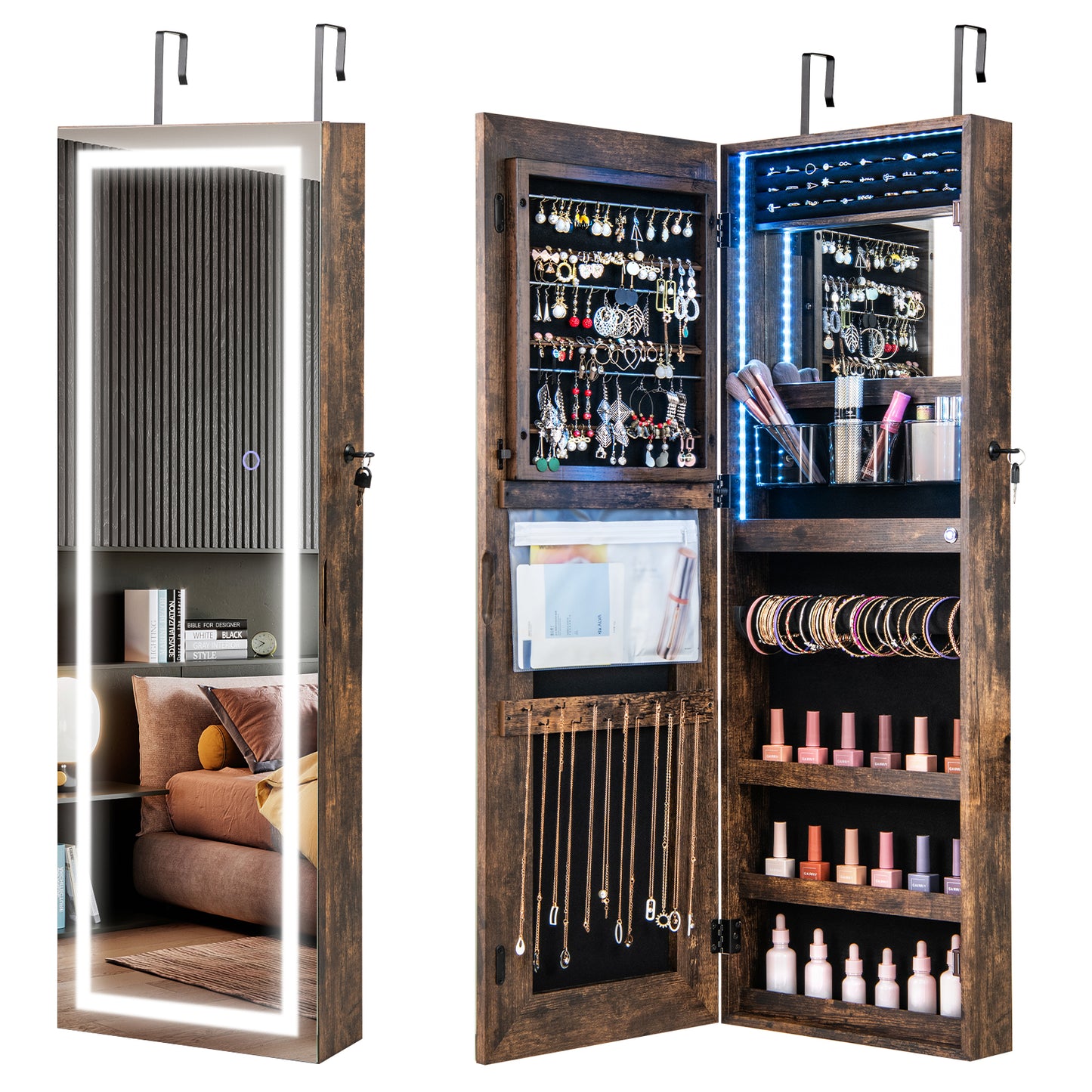 Lockable Jewelry Armoire Mirror Cabinet with 3-Color LED Lights