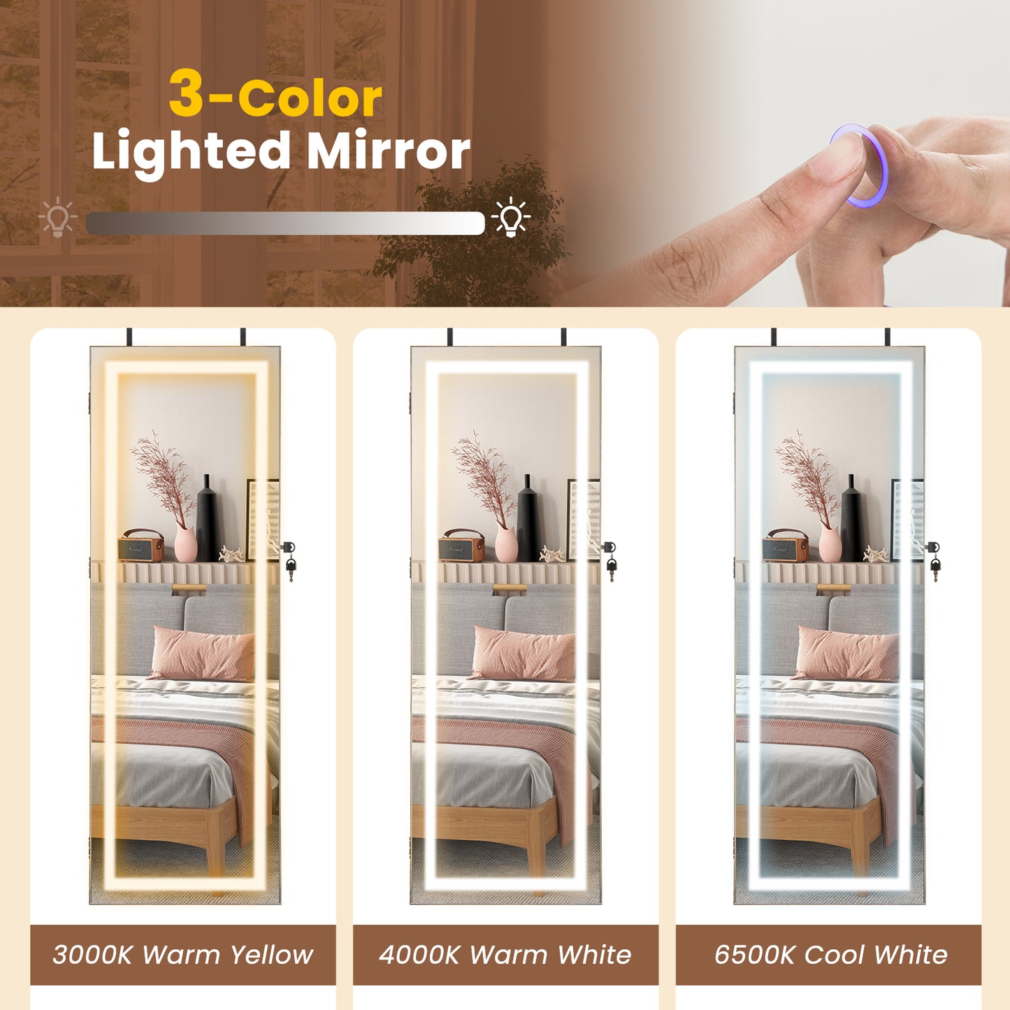 Lockable Jewelry Armoire Mirror Cabinet with 3-Color LED Lights