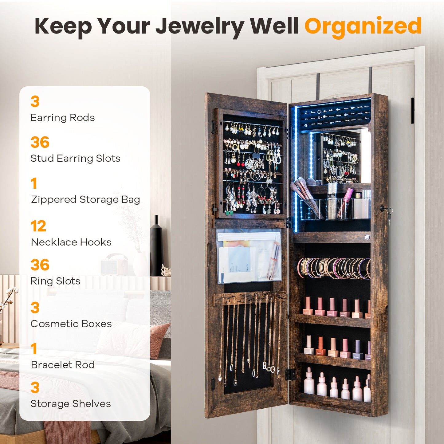 Lockable Jewelry Armoire Mirror Cabinet with 3-Color LED Lights