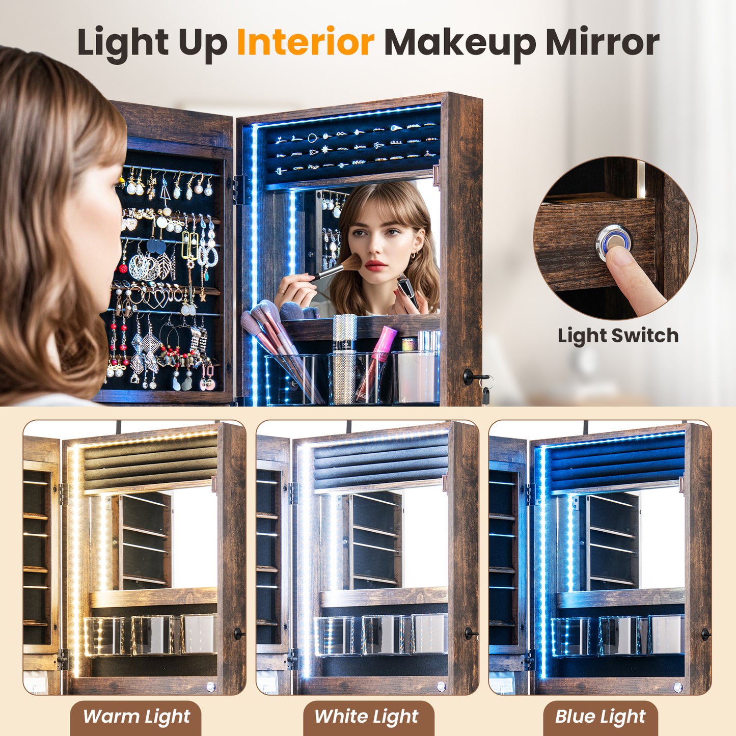 Lockable Jewelry Armoire Mirror Cabinet with 3-Color LED Lights