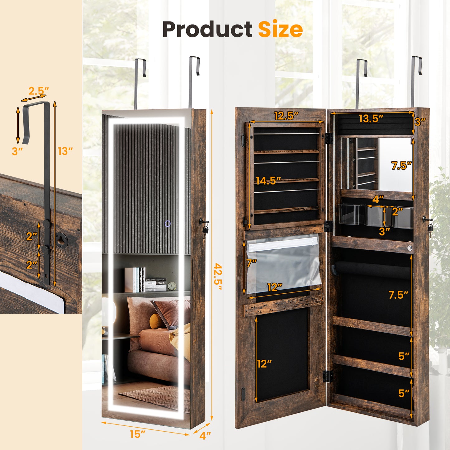 Lockable Jewelry Armoire Mirror Cabinet with 3-Color LED Lights