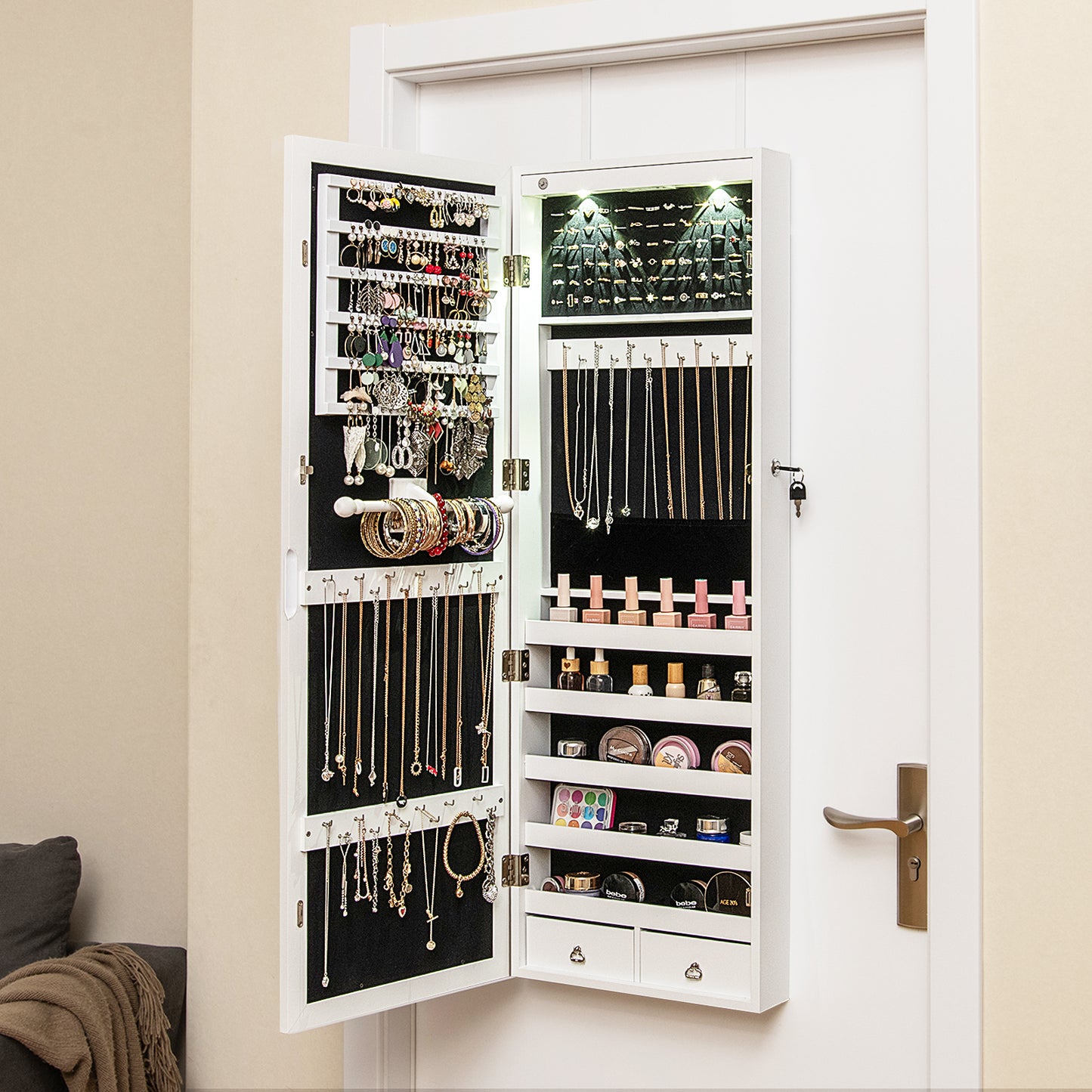 Wall Mount Mirrored Jewelry Cabinet with LED Lights