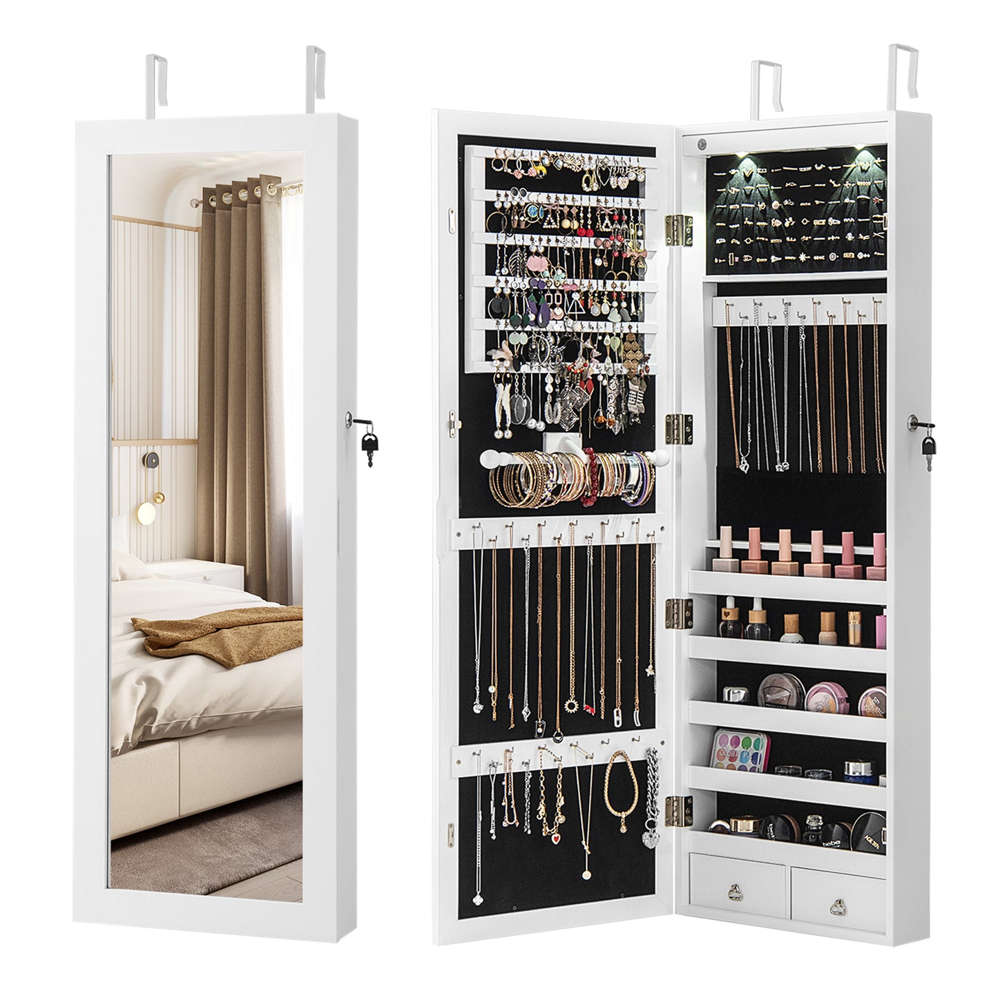 Wall Mount Mirrored Jewelry Cabinet with LED Lights