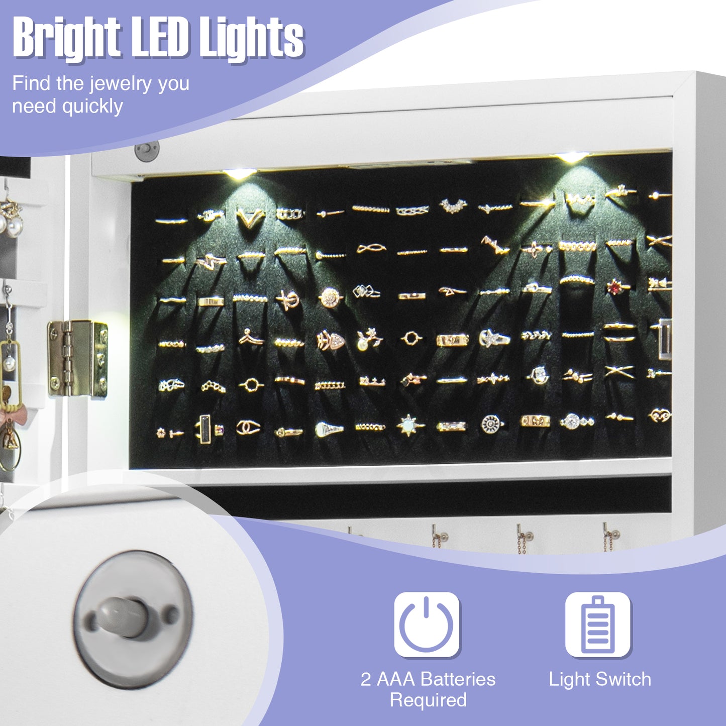 Wall Mount Mirrored Jewelry Cabinet with LED Lights