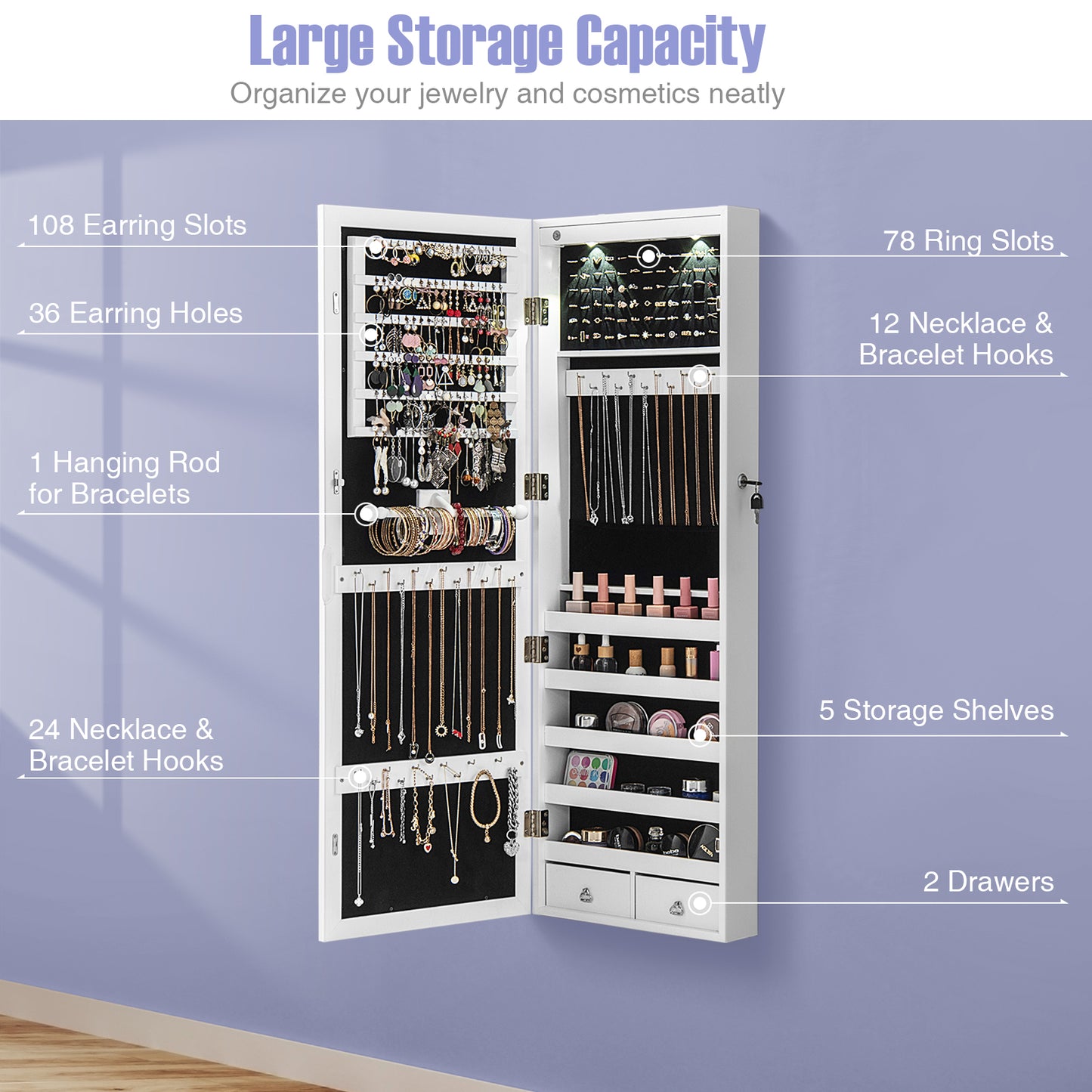 Wall Mount Mirrored Jewelry Cabinet with LED Lights