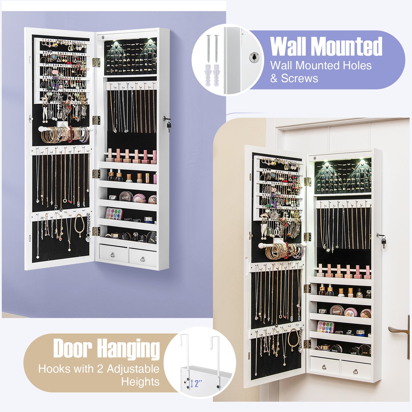 Wall Mount Mirrored Jewelry Cabinet with LED Lights