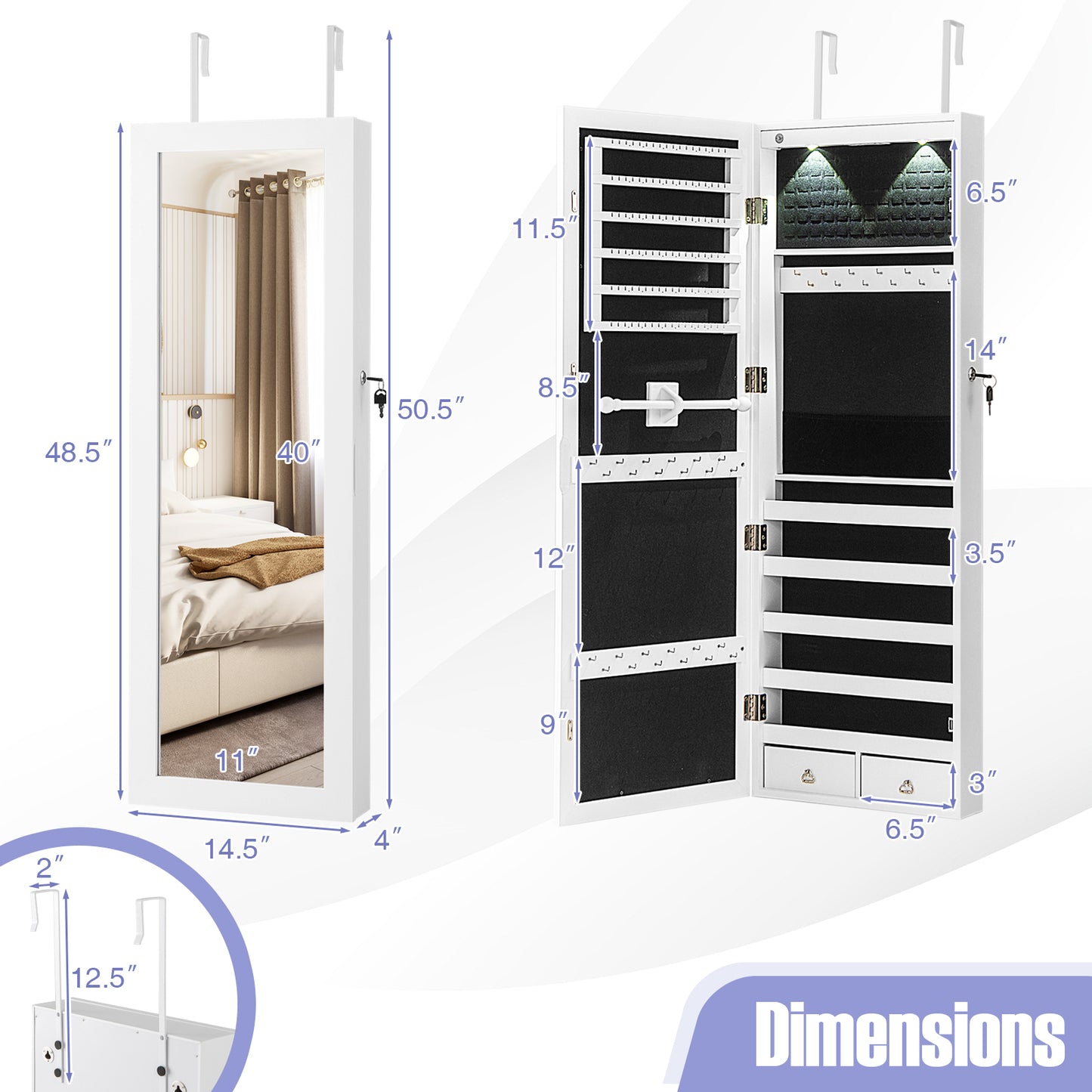 Wall Mount Mirrored Jewelry Cabinet with LED Lights