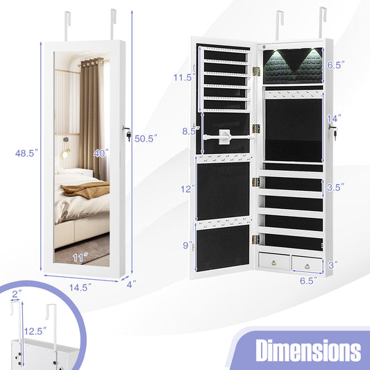 Wall Mount Mirrored Jewelry Cabinet with LED Lights