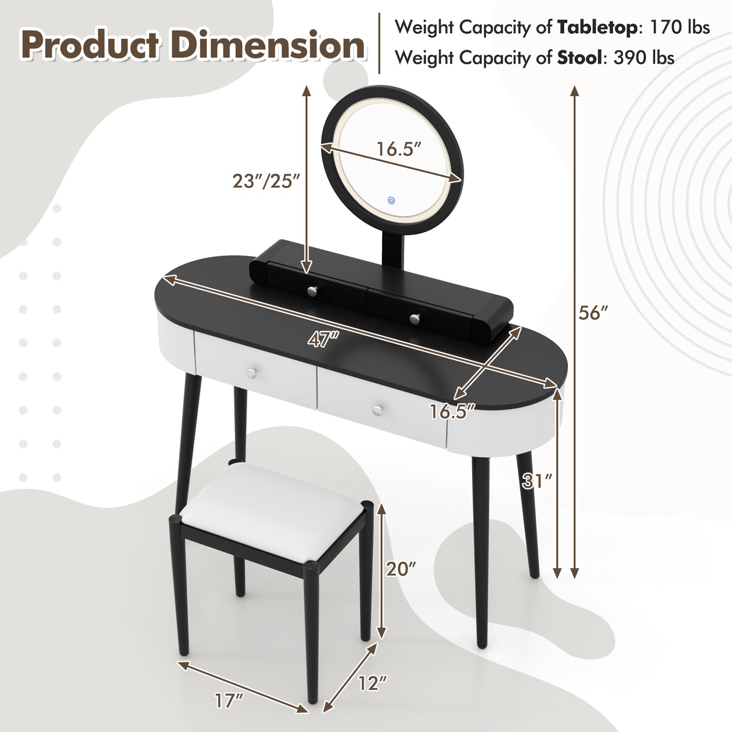 Makeup Vanity Table with LED Mirror and 3 Drawers