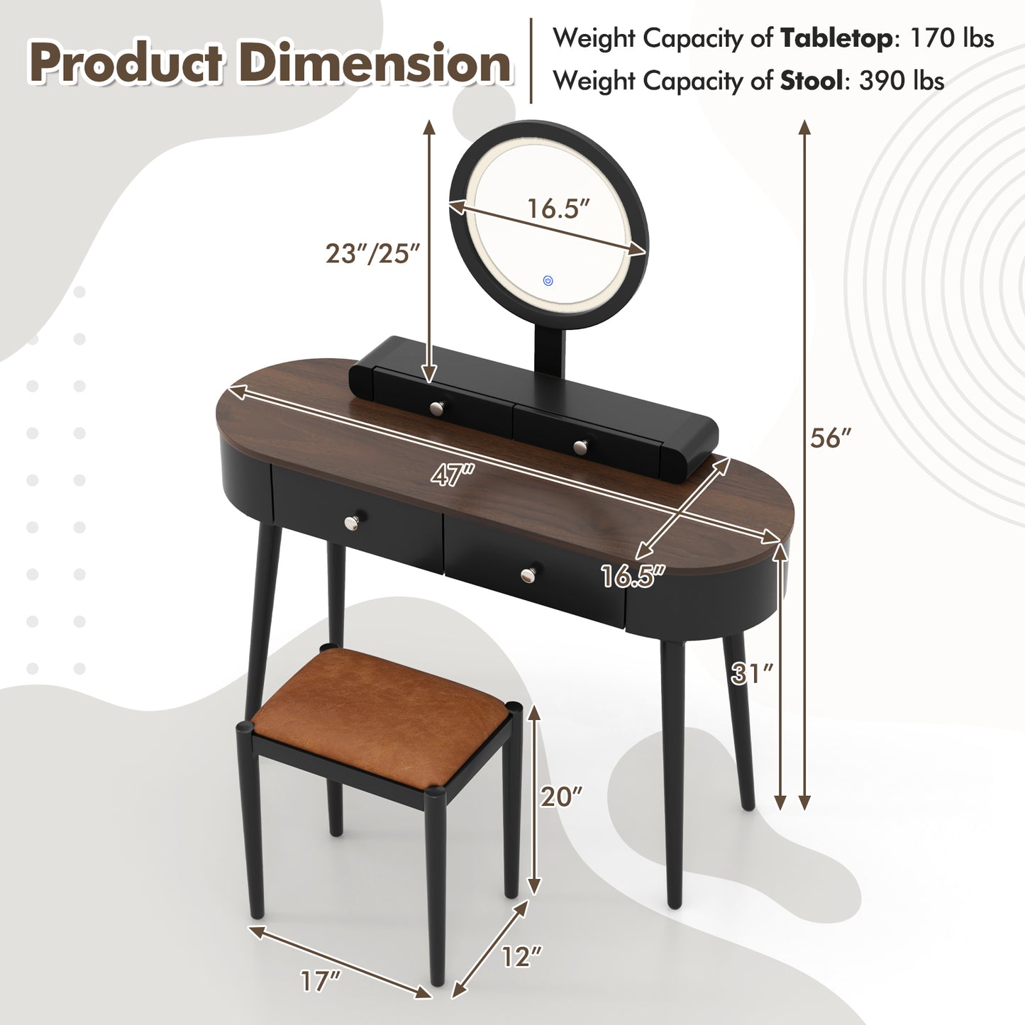 Makeup Vanity Table with LED Mirror and 3 Drawers