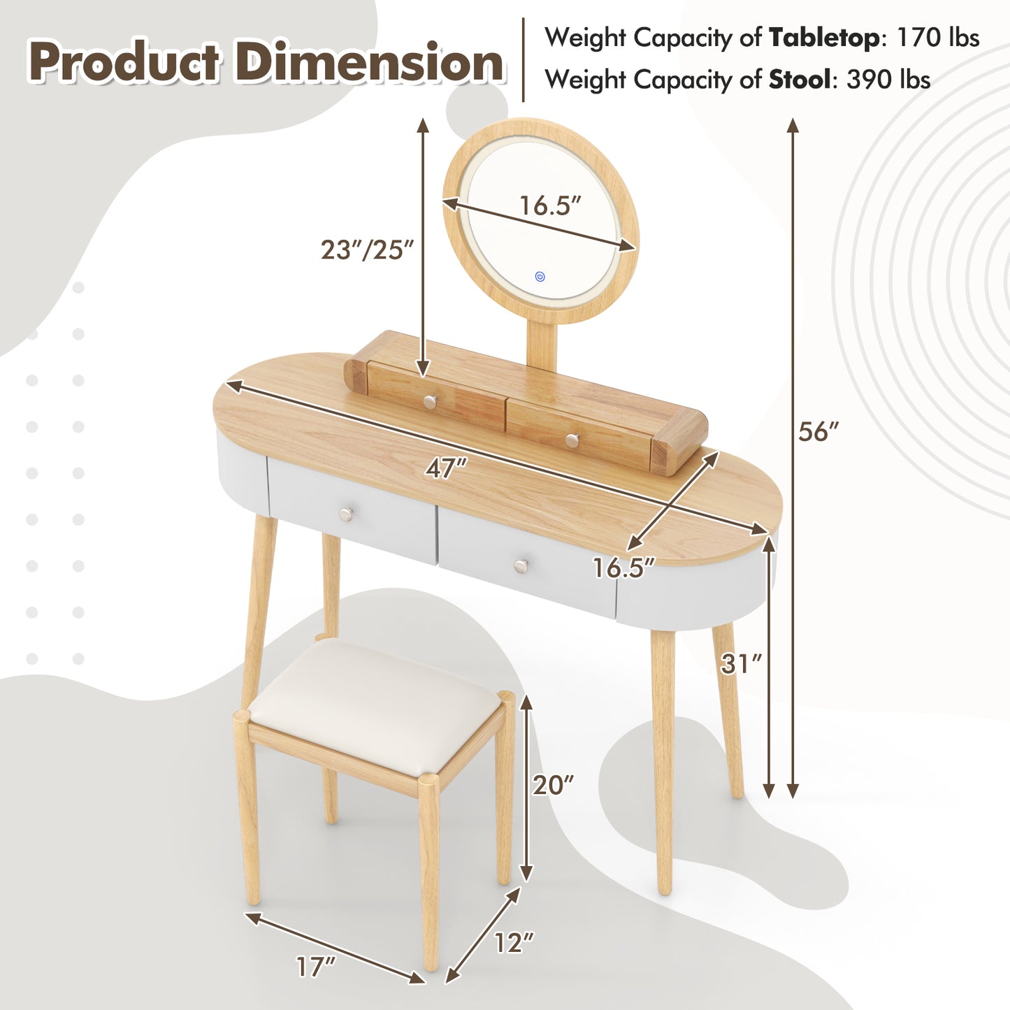 Makeup Vanity Table with LED Mirror and 3 Drawers