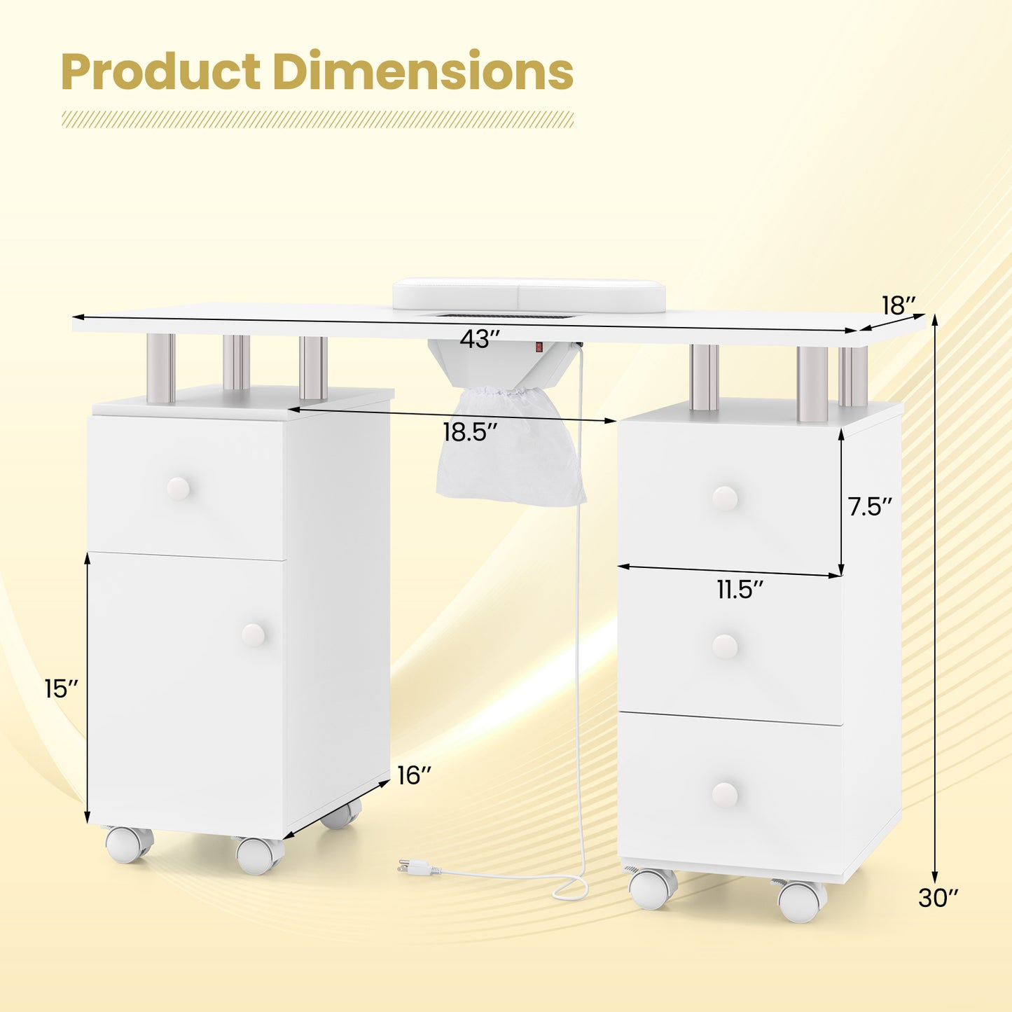 Manicure Table Nail Desk with Electric Dust Collector and 3 Dust Bags-White