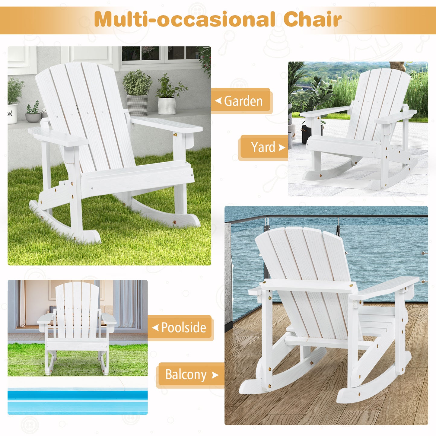 Kids Adirondack Rocking Chair - Outdoor Wooden Slatted Seat