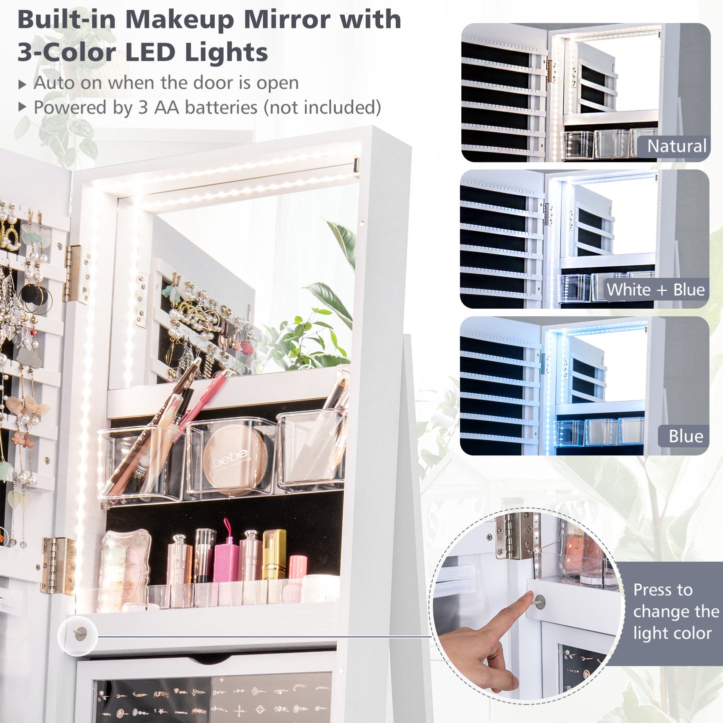Rotating Mirrored Jewelry Armoire with LED Lighting