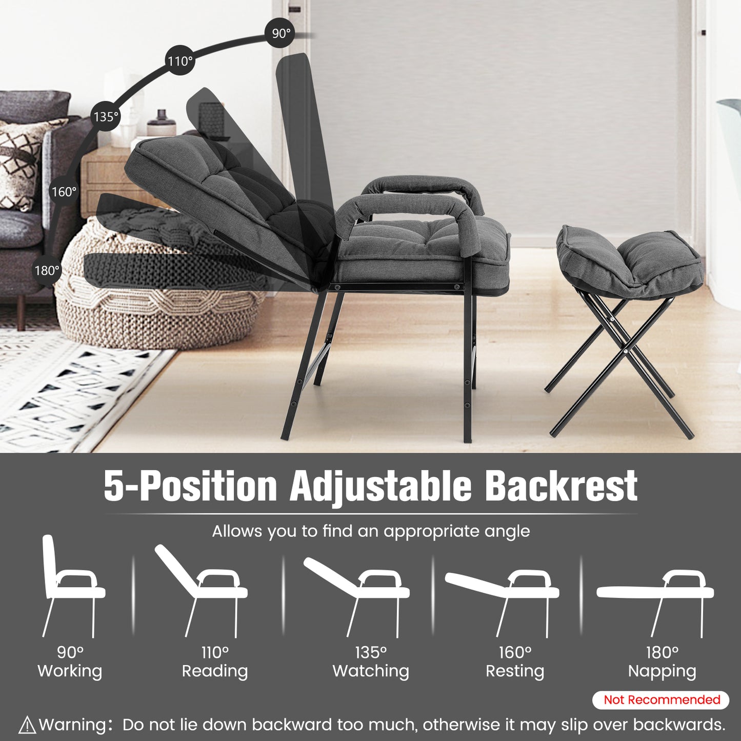 Adjustable Accent Chair with Ottoman - Linen Fabric