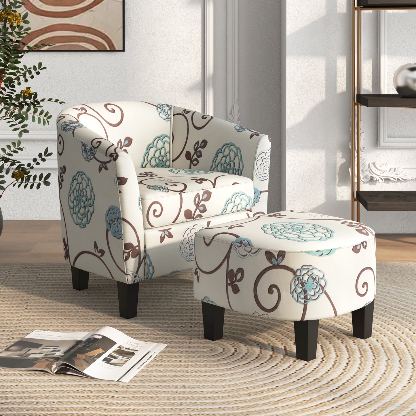 Accent Tub Chair and Ottoman Set with Fabric Upholstery