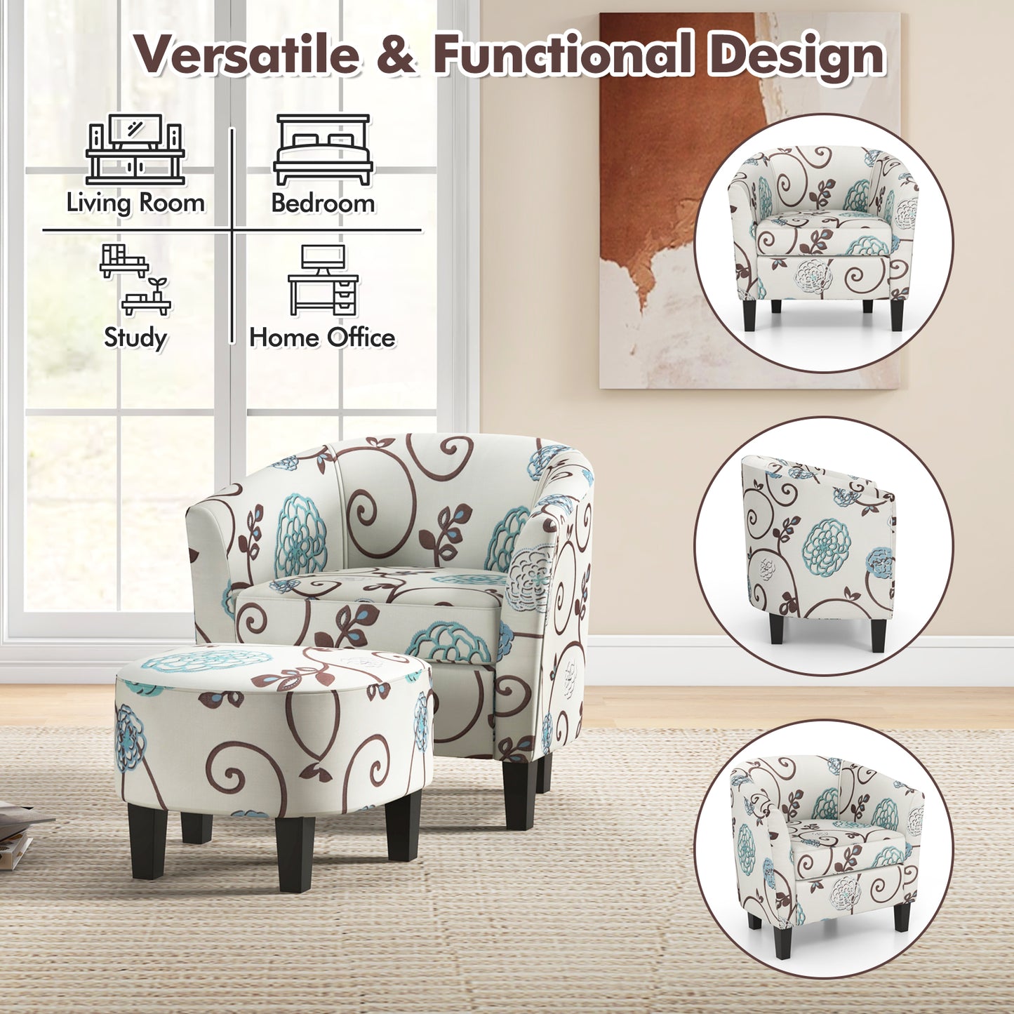 Accent Tub Chair and Ottoman Set with Fabric Upholstery