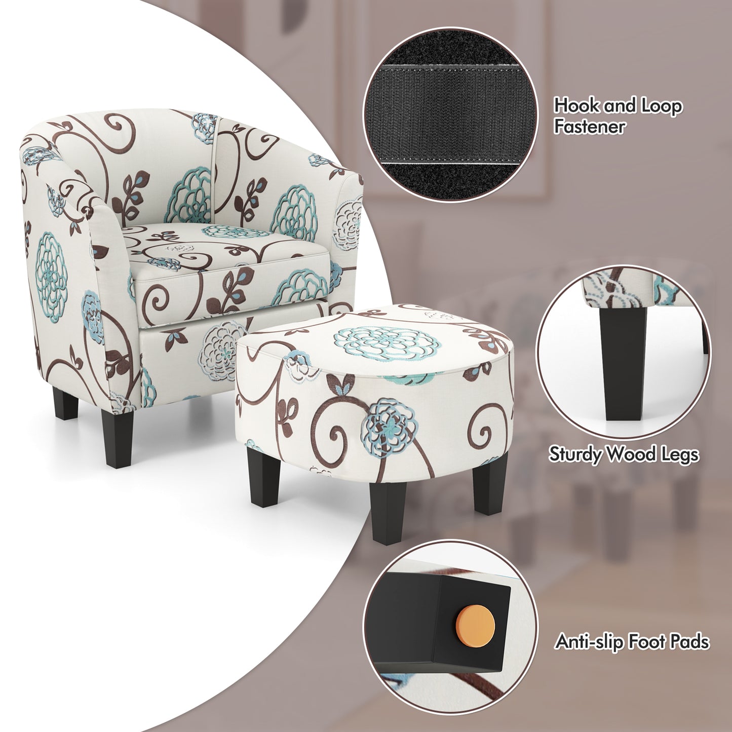 Accent Tub Chair and Ottoman Set with Fabric Upholstery