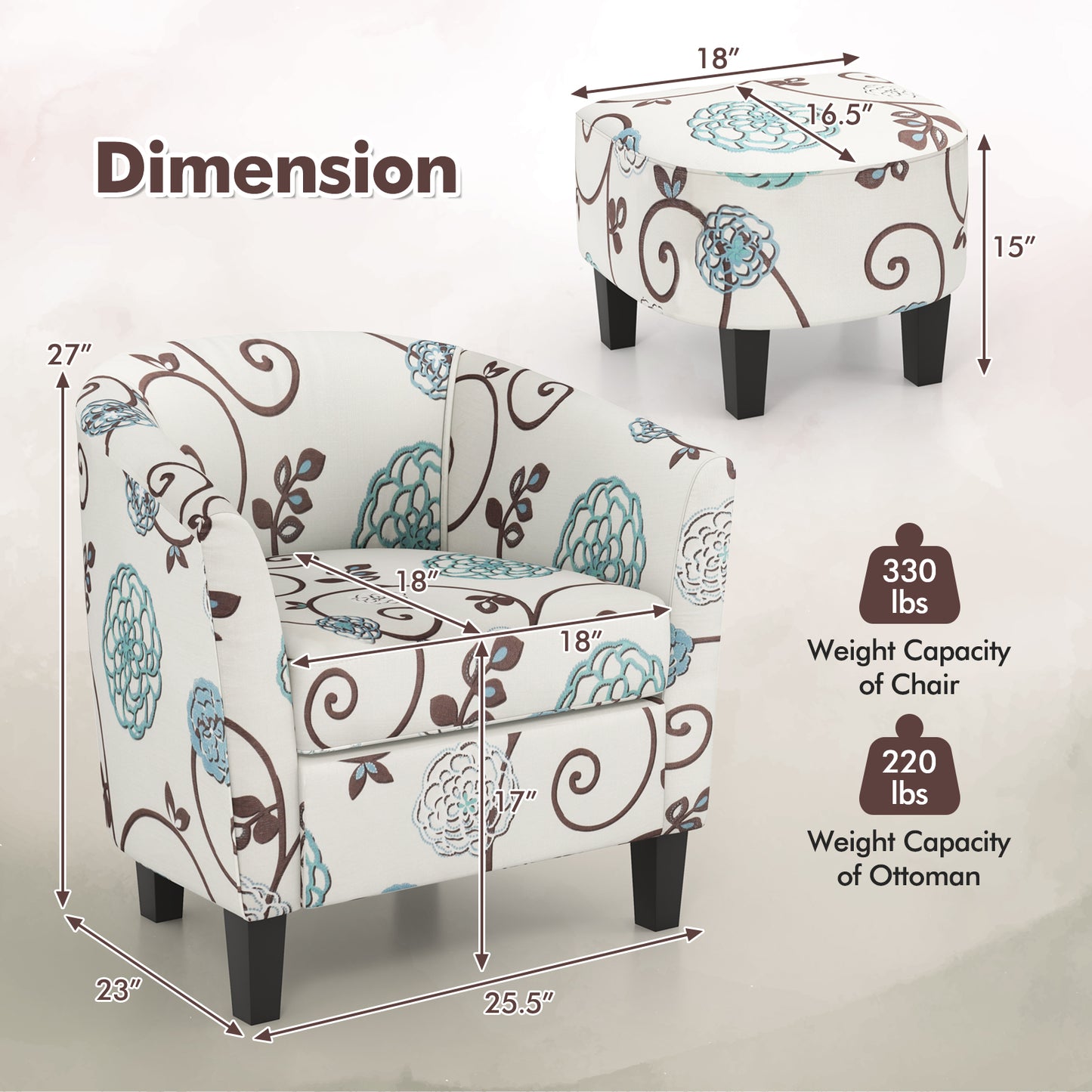 Accent Tub Chair and Ottoman Set with Fabric Upholstery