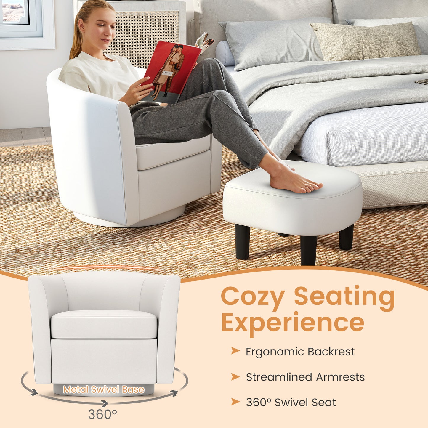 Swivel Accent Chair with Ottoman and Curved Backrest
