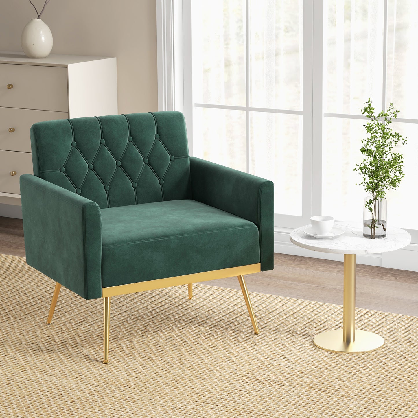 Velvet Accent Chair with Button Tufted Back & Gold Legs
