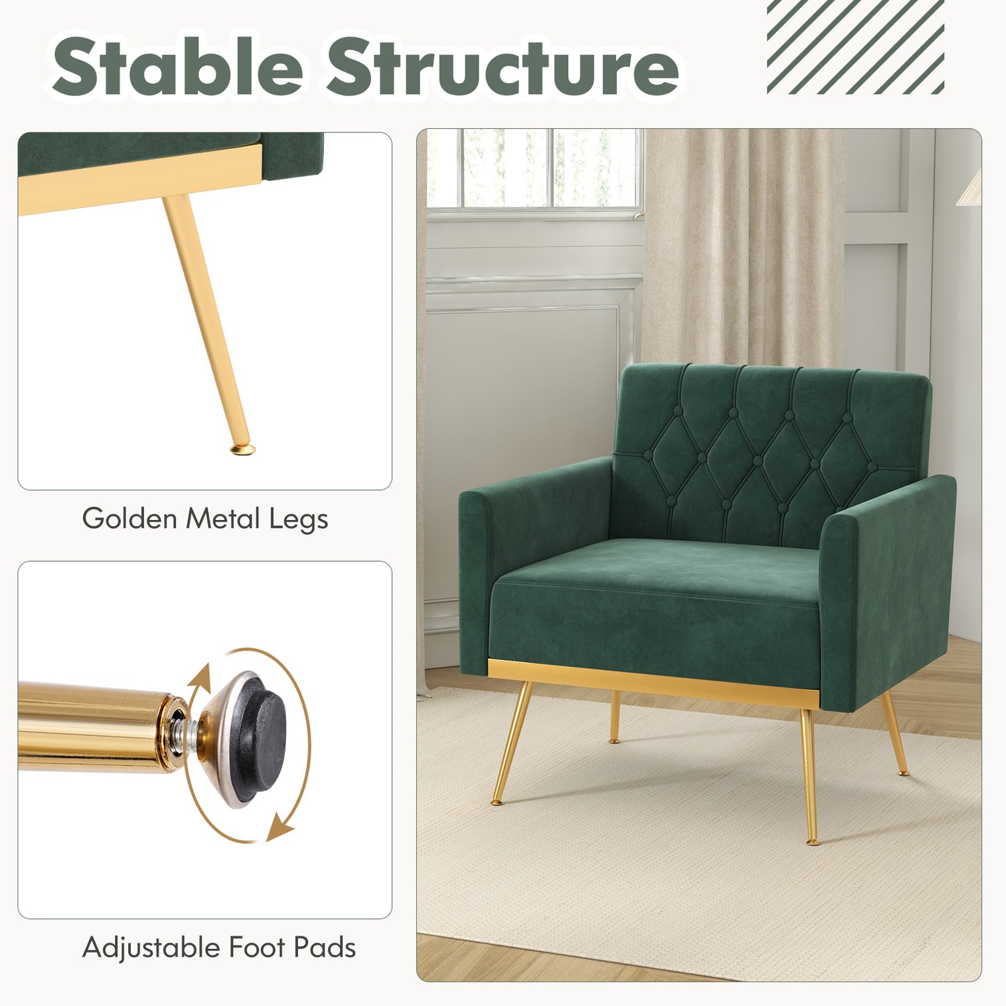 Velvet Accent Chair with Button Tufted Back & Gold Legs