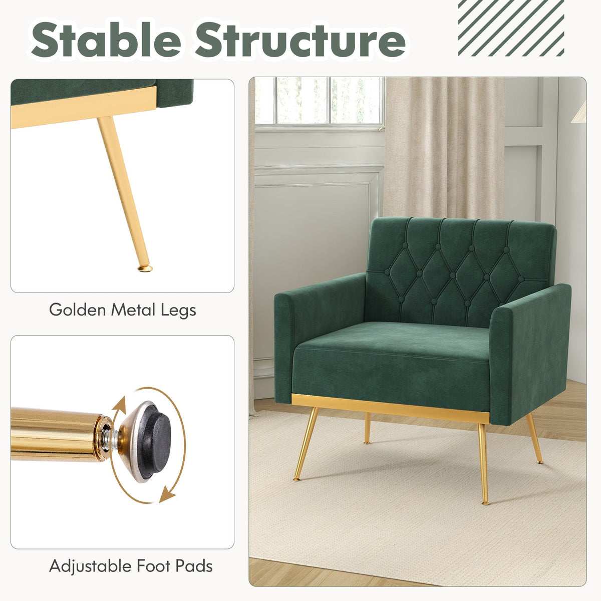 Modern Velvet Accent Chair with Button Tufted Back Golden Metal Legs and Adjustable Foot Pads
