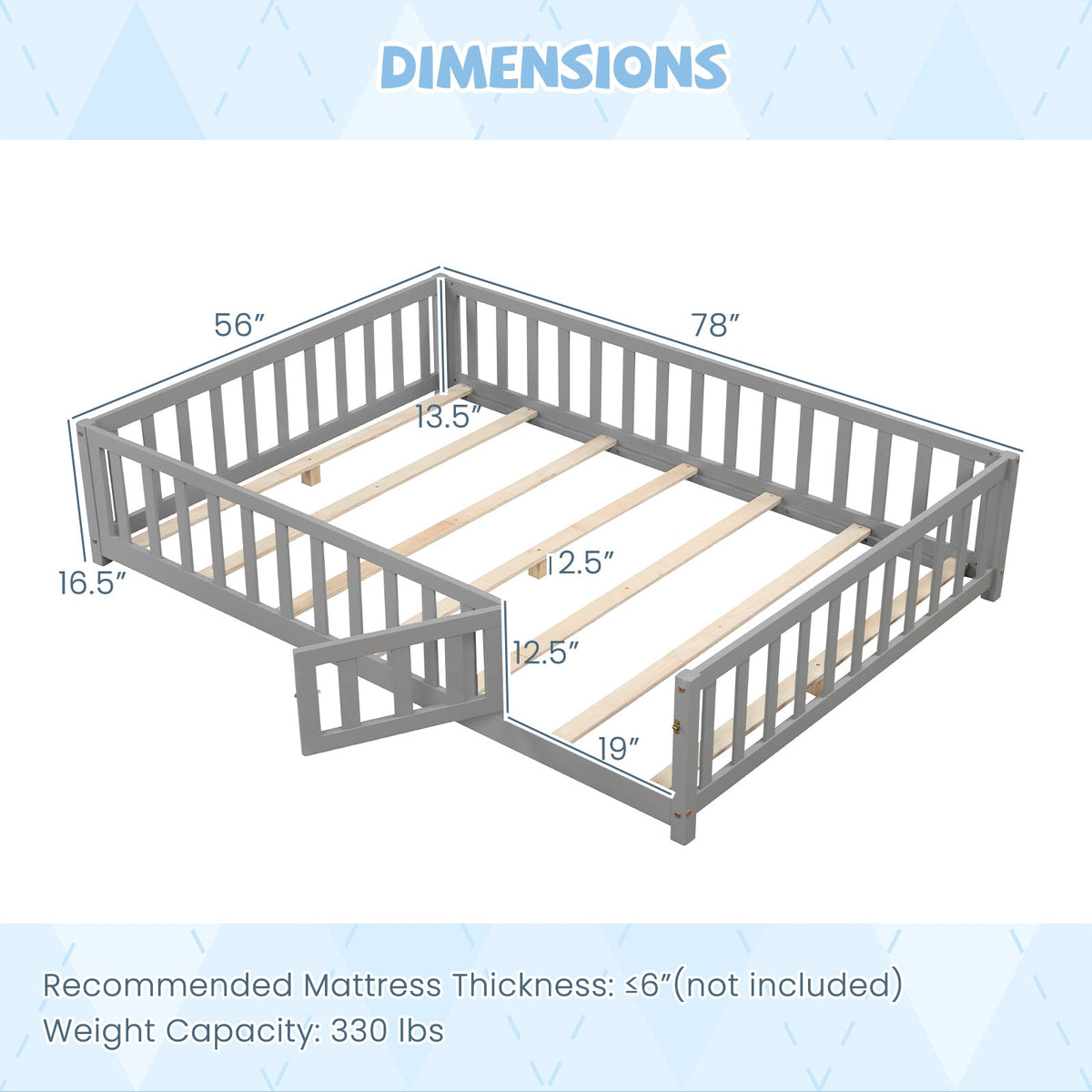 Montessori Bed Frame with Full-length Guardrails Safety Door and Latch