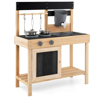 Mud Kitchen Playset Kids Play Kitchen Outdoor with 2 Removable Sinks-Natural